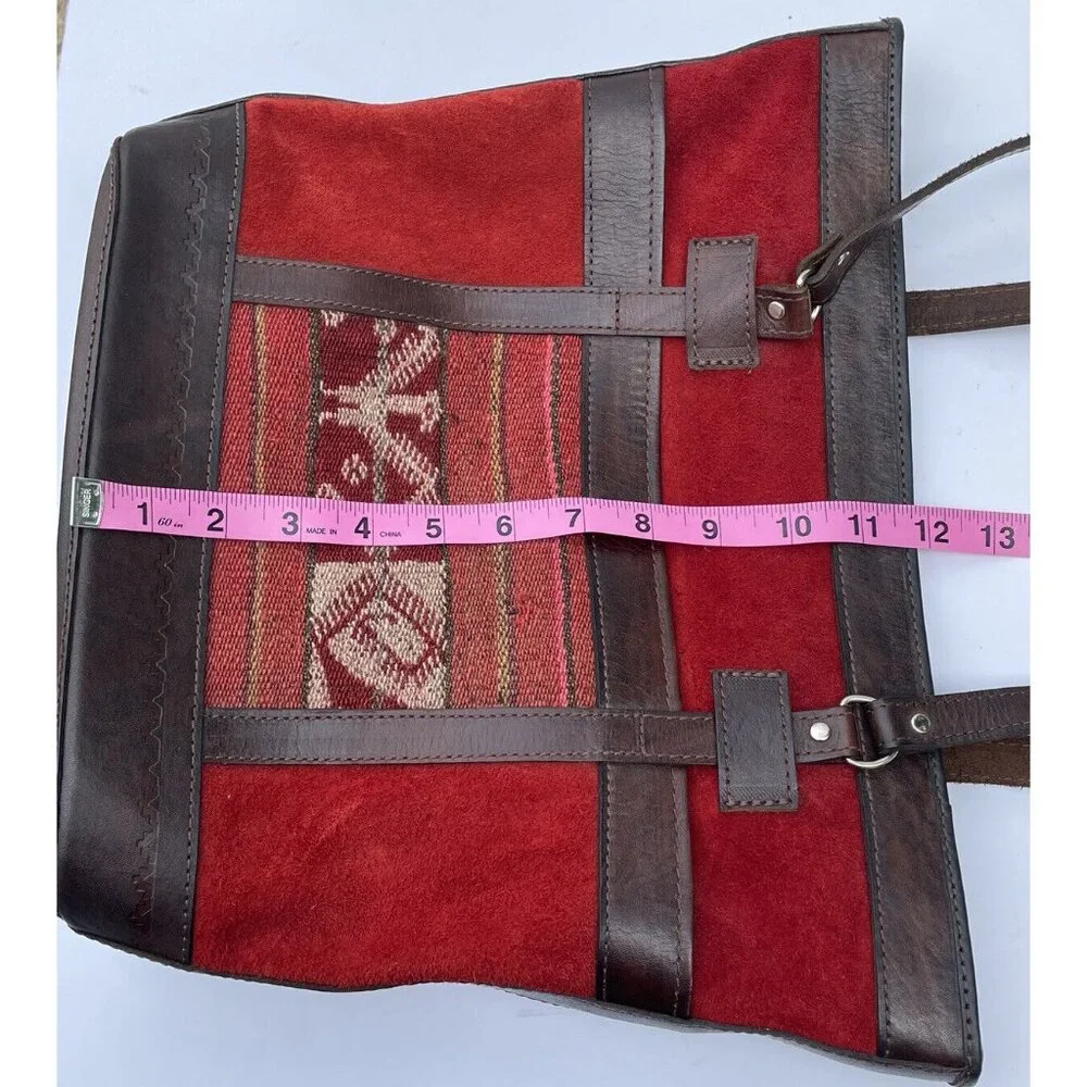 Bolivian VTG BOHO Red Suede Brown Leather‎ & Tapestry Zipper Tote Purse Bag